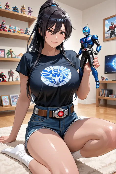 ,dark haired,long hair,high ponytail,Shirase Sakuya,,big boobs,huge boobs,big boobs,,Super Breasts,Black short sleeveＴshirt((Short-sleeve)),Kamen Rider Prints,denim shorts, white socks,Transformation Belt,androgynous,hermaphrodites,Clothed erection ,has an...