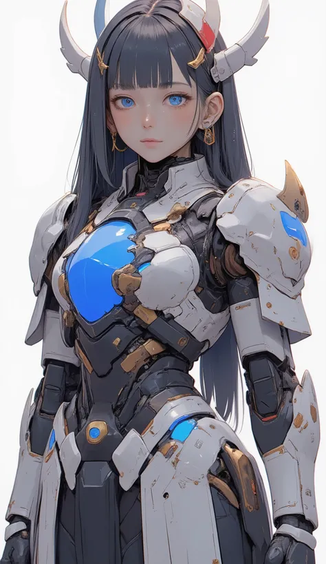bust shot / upper body shot、詳細で印象的なガンダムを連想させるロボットSuitを着た美しい日本人女性が、It stands on a simple white background, Standing on a simple white background, neutral background . Suit、 the face and eyes of women a prominent blue chest plate with red and gold accents, ...