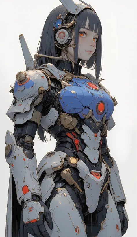 close-up、profile、詳細で印象的なガンダムを連想させるロボットSuitを着た美しい日本人女性が、It stands on a simple white background, Standing on a simple white background,  neutral background . Suit、 the face and eyes of women a prominent blue chest plate with red and gold accents, It features...