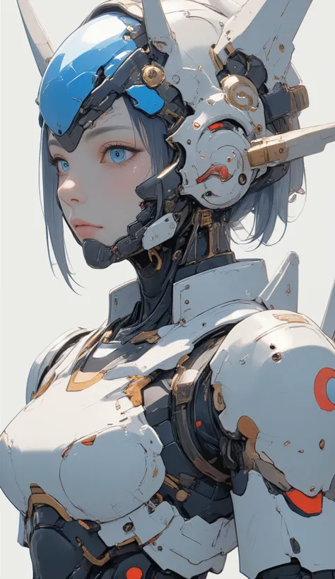 close-up、profile、詳細で印象的なガンダムを連想させるロボットSuitを着た美しい日本人女性が、It stands on a simple white background, looks up at the sky、Standing on a simple white background,  neutral background . Suit、 the face and eyes of women a prominent blue chest plate with red and gold ...