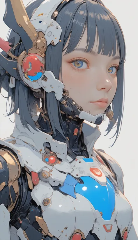 close-up、profile、詳細で印象的なガンダムを連想させるロボットSuitを着た美しい日本人女性が、It stands on a simple white background, looks up at the sky、Standing on a simple white background,  neutral background . Suit、 the face and eyes of women a prominent blue chest plate with red and gold ...
