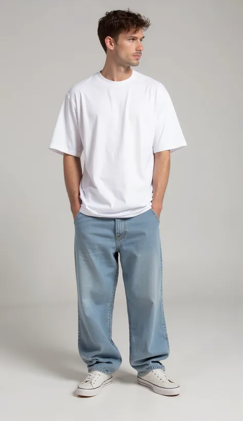 high quality image , European male model age 25 wearing COTTON FRENCH TERRY 24GSM DROP CHOULDER  white  COLOR oversized t-shirt   ,with WIDE jeans. (  front PROFILE VIEW)
 The T-shirt is plain, with no prints or designs on the front. The fit is STIF & natu...
