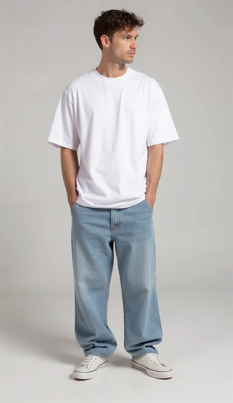 high quality image , European male model age 25 wearing COTTON FRENCH TERRY 24GSM DROP CHOULDER  white  COLOR oversized t-shirt   ,with WIDE jeans. (  front PROFILE VIEW)
 The T-shirt is plain, with no prints or designs on the front. The fit is STIF & natu...