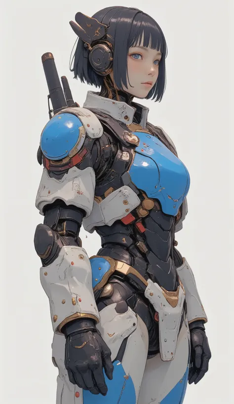 eye-level angle、close-up、profile、詳細で印象的なガンダムを連想させるロボットSuitを着た美しい日本人女性が、It stands on a simple white background, looks up at the sky、Standing on a simple white background,  neutral background . Suit、 the face and eyes of women a prominent blue chest plate wi...