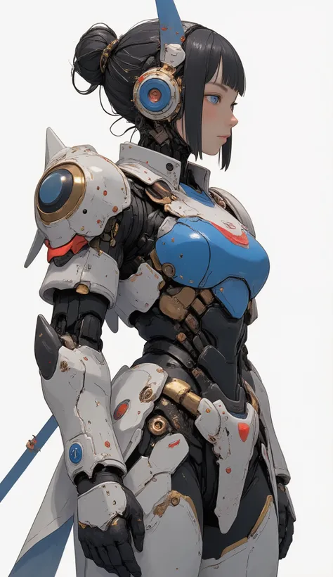 eye-level angle、close-up、profile、詳細で印象的なガンダムを連想させるロボットSuitを着た美しい日本人女性が、It stands on a simple white background, looks up at the sky、Standing on a simple white background,  neutral background . Suit、 the face and eyes of women a prominent blue chest plate wi...