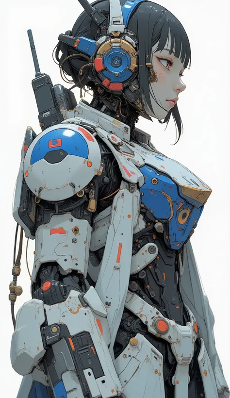 eye-level angle、close-up、profile、詳細で印象的なガンダムを連想させるロボットSuitを着た美しい日本人女性が、It stands on a simple white background, looks up at the sky、Standing on a simple white background,  neutral background . Suit、 the face and eyes of women a prominent blue chest plate wi...