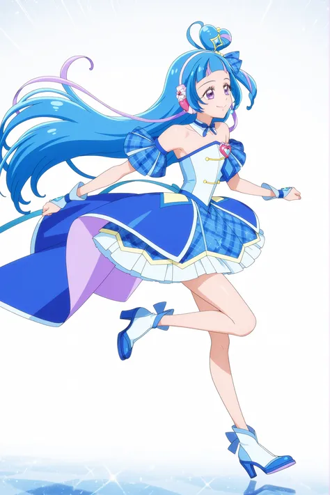cure wink, kimi to idol precure, blue hair, magical girl, mini crown, purple eyes, blue dress, tilted headwear, very long hair, blunt bangs, bare shoulders, hairband, two-tone hair, purple hair, jewelry, idol clothes, masterpiece, best quality, anime, sour...