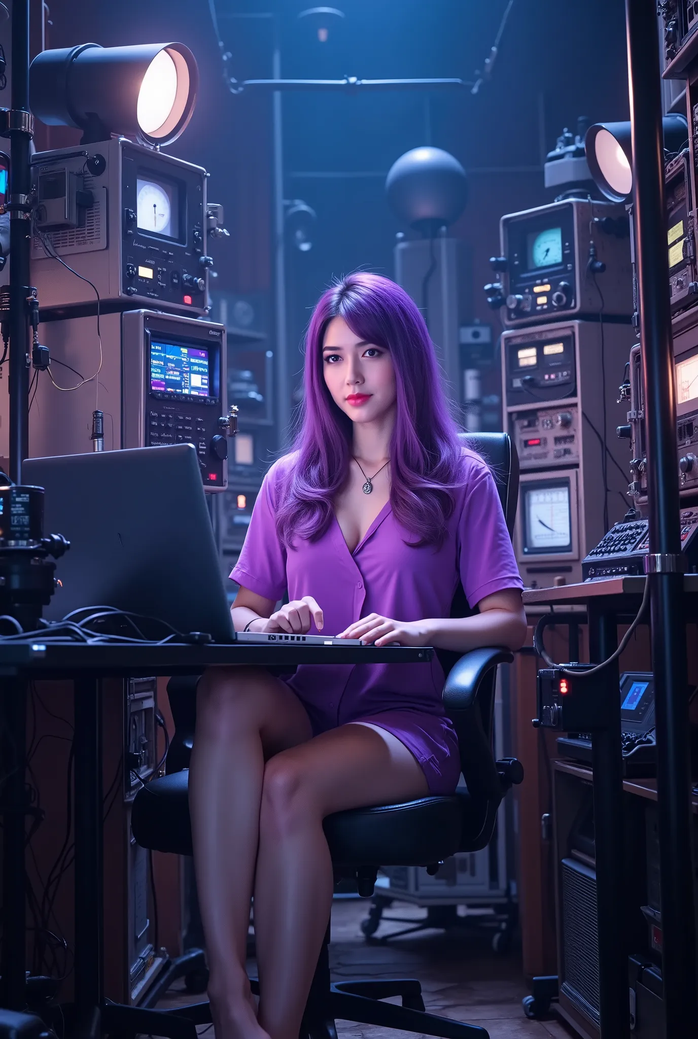 masterpiece, Highest Quality, Ultra Hi-Vision, 16ｋ, complicated details, Obscene, beautiful, and sexy、Japanese Beauties、Beautiful Woman with Long Purple Hair、wearing a purple-based v-neck shirt and purple shorts、Beautiful hacker, Inside a pretty dark room、...
