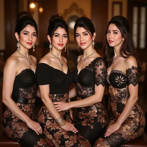 1 Family, Potrait of 4 wife same faced Indonesian-chinese girl ((quartet twin faced woman)) , Harem (Polygamy), long fashion hair,all woman same face, fit body, small cleavage, skintight black lace kebaya, batik skirt, masterpiece, highly detailed, ultra h...