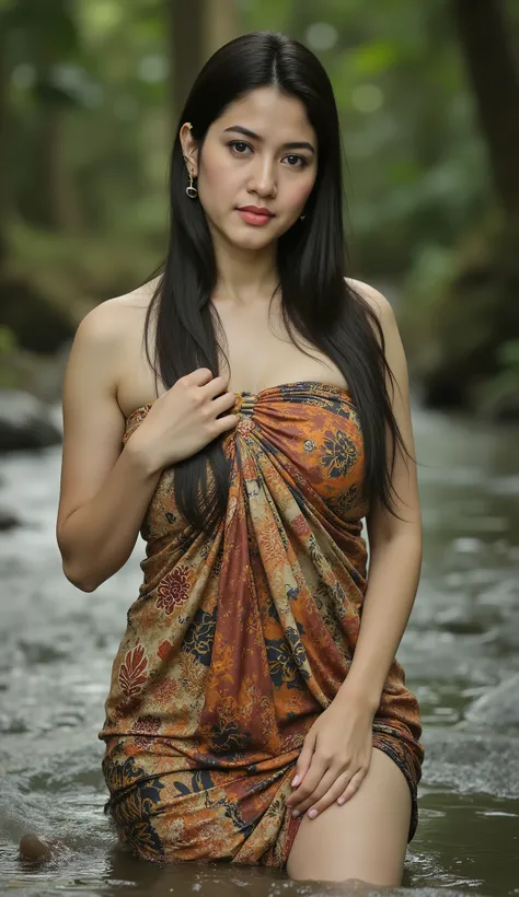 28 years old Royal Princess, A Javanese ancient kingdom warrior, outdoor photo shoot session,natural face shoot, closed up fotography, white and moody,wear Shabby Batik kemben ,reveal her voluptuous hourglass body and Reveal her sensual thigh, very big bre...