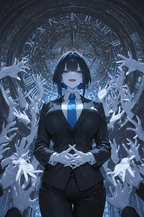 ((top quality)), ((Masterpiece)), ( details), animation、top quality、details、((Many hand)))、adult woman, black hair、blue eye、white skin、Facing the Front、god、open Mouth and smile 、(expand your hands)、black suit, (huge clock)