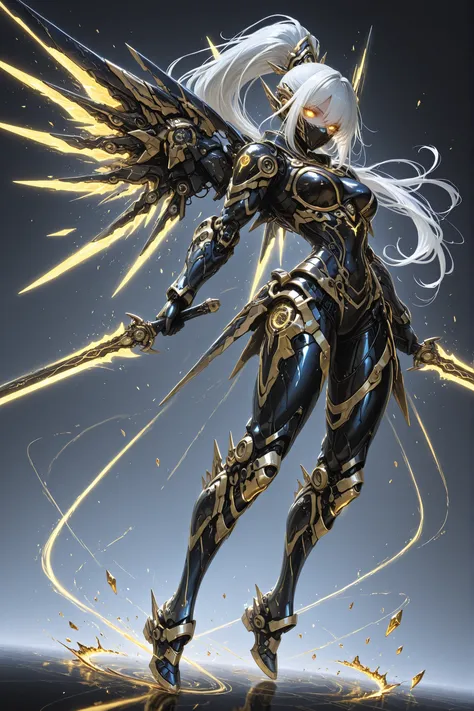 masterpiece, best quality, high detail, 1 girl, long ponytail silver hair slyte , golden eyes , glowing eyes ,power armor, exoskeleton, advanced gear, fantasy tech armor, full body armor,
high-fantasy divine armor with sleek blade-like plating, inspired b...