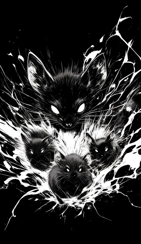 black、black、black、blackい背景、力強く勢いのあるblackい線画、blackの濃淡で表現する、A few mice staring at me、whole、high detail、cross hatching、High Quality、high image quality、Osmudging Outline、流れるblack、masterpiece