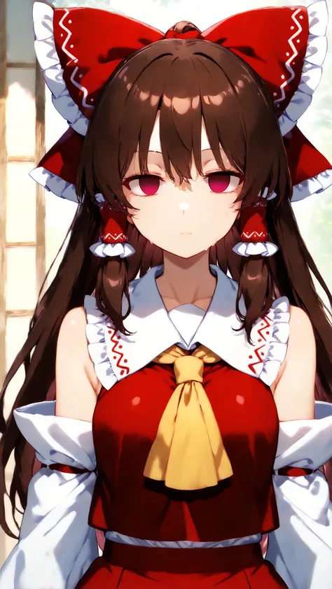 ,empty eyes,,hakurei reimu (touhou).pink eyes.Not posing.Physical darkness around the eyes.Don't darken your eyes.Brighten eyes.Physically brighten your face.expressionless.Facing straight ahead