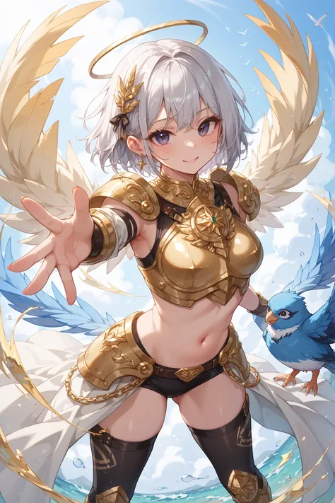 Bird's-eye view、 in detail、top quality、Dynamically、Girl with short silver hair、The bangs are divided at :Divided into 3 positions、The girl is 25 years old 、dark eyes、goddess、 gold armor、sleeveless、Belly button、white miniskirt、gold trim、standing with le...