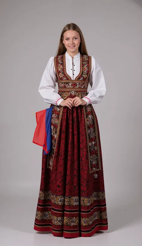 In full growth, (masterpiece), (highly detailed), (best quality), (high resolution), (realistic lighting), (8K), An 19-year-old Belarusian woman with a typical Belarusian appearance stands in a photo studio in a national costume, her legs are visible in th...