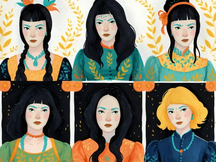 uma garota, black cabelo, pele clara e clara, rosto expressivo, olhos negros, campo longo_cabelo, wearing a vibrant campo longo peasant medieval dress, roupa detalhada, sketches, thick painting detailed in gouache, illustration, no estilo gougoupaintleave...