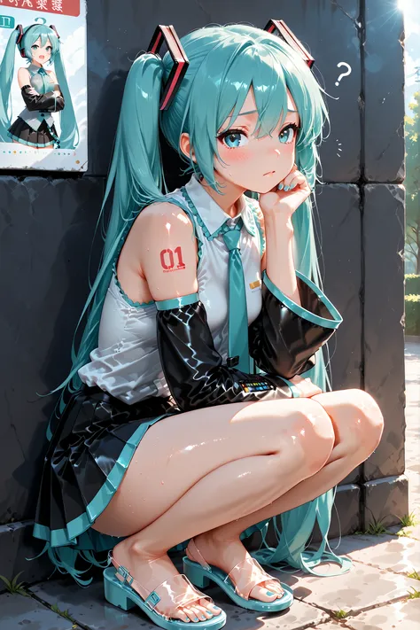 (top quality),(masterpiece),(8k),(High Resolution), (very nice illustration), (super detailed) , (beautiful details after the first), (beautiful eyes with attention to detail) , blue eyes, solo , girl , Hatsune Miku , turquoise hair , Twin Tails , confused...