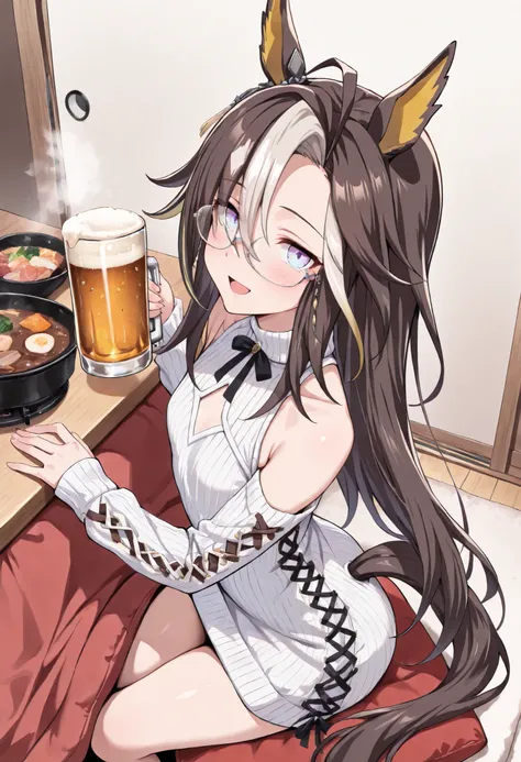 (masterpiece, best quality, perfect face:1.4), wide angle, dream journey\(umamusume\), 1girl, gradient eyes, glasses, bangs, ahoge, long hair, ear ornament, horse ears, horse tail, tail on the lower back, proportional body, proportional, beautiful hair, be...