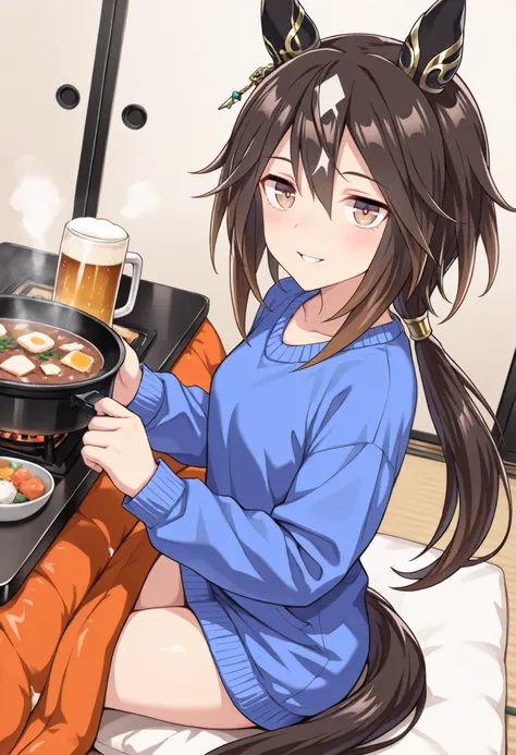 (masterpiece, best quality, perfect face:1.4), wide angle, stay gold \(umamusume\), black hair, multicolored hair, brown eyes, hair between eyes, white hair, low ponytail, brown hair, single ear cover, two-tone hair, streaked hair, small breasts, horse ear...