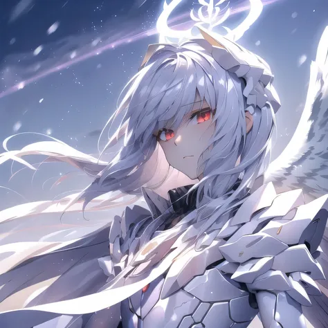  Anime couple hugging and kissing , long red scarf , Hombre en traje formal que lleva una white lab coat and platinum sobre el hombre,Red Eyes, cabello largo color platino anime angel con alas y un halo por encima de la cabeza, anime wallpapers , bíblico p...