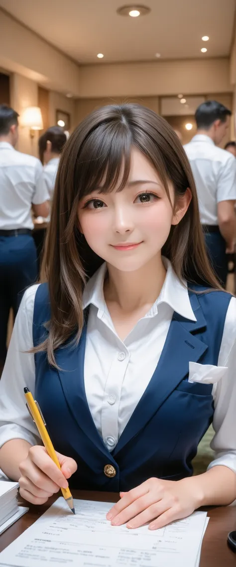 A lot of hotel staff are taking written tests。Test venue、Hotel Uniform、lots of men to women、cinematic、masterpiece, detailed, soft smile, holding a pencil、paper test、Employees peeling bananas、