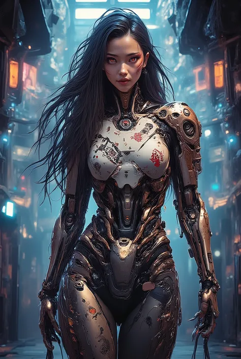 ((colourful anime art style photograph) of (perfect Asian cyberpunk girl))), (((wearing incredibly detailed ornate cyberpunk samurai armour))), ((LED lights)), (shapeless long hair), perfect features, ((cowboy shot, dynamic pose)), (((starship interior))),...