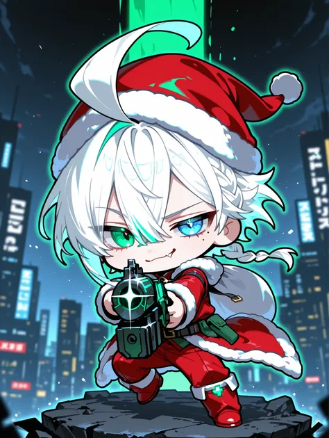 1boy, mole under eye, heterochromia, green right eye , blue left eye, single braid, ahoge, short hair, huge ahoge, asymmetrical bangs, red footwear,, Xmas Santa Claus red clothes with Xmas Santa Claus hat, 1boy, aiming at viewer, aiming, solo, big weapon, ...