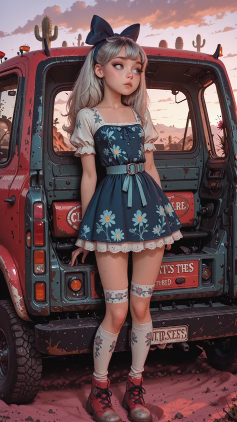 Por tsukushi Akihito,  artista:MoriiMee This is a sensual, full-body outdoor photograph featuring a fit super model in a casual and provocative pose, leaning on a heavily modified, rustic vintage American pickup truck. She has light black hair styled with ...