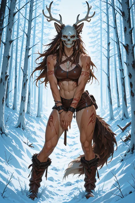 feral tribal woman, long wild brown hair flowing freely, intense predatory stare, tanned skin covered in scars and bold red tribal tattoos across chest, stomach, arms, and thighs, muscular yet feminine body, broad hips, strong legs, confident posture, (thi...