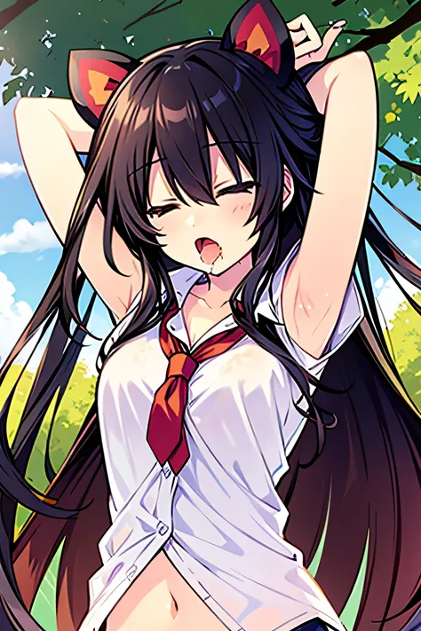 tokisaki kurumi, eyes closed, saliva a lot, lift arms high, oversize shirt, exposed armpit, hanging shirts, vulnerable,panties,on a tree