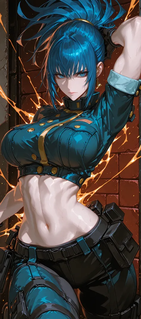1girl, Alone, leona_Heidern_\(king of fighter\), small waist, slightly large breasts,  eccentric , slender, ((dynamic pose)), ((she is looking the other way)), ((Degraded background)), intricate details, masterpiece, High quality, aesthetic, ultra detailed...