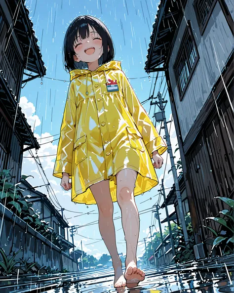 masterpiece, best quality, ultra-detailed, perfect anatomy, 
748cmstyle, 
solo, 1girl,
loli, 
bob cut, black hair, 
yellow raincoat, barefoot, 
walking, 
anime style, 
full body, straight-on, from below, looking up, (dutch angle), solo, 1girl, 
outdoors, r...