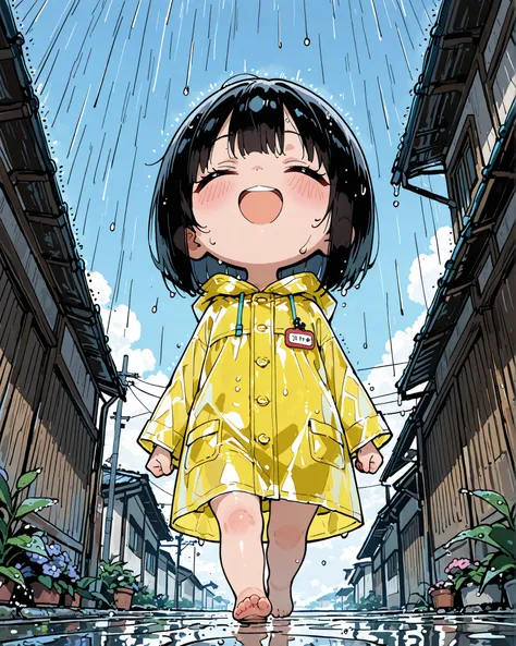 masterpiece, best quality, ultra-detailed, perfect anatomy, 
748cmstyle, 
solo, 1girl,
loli, 
bob cut, black hair, 
yellow raincoat, barefoot, 
walking, 
anime style, 
full body, straight-on, from below, looking up, solo, 1girl, 
outdoors, rain, blue sky, ...
