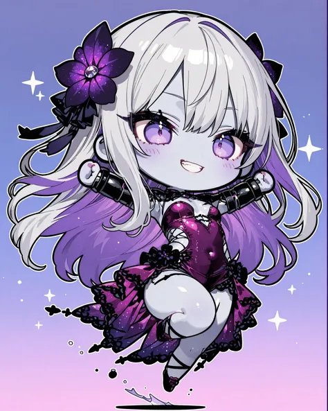 masterpiece, best quality, ultra-detailed, perfect anatomy, 
748cmstyle, Ruinala, 
jumping, gray skin, 
full body, solo, 1girl, 
grin, purple eyes, 
(chibi:1.5), 