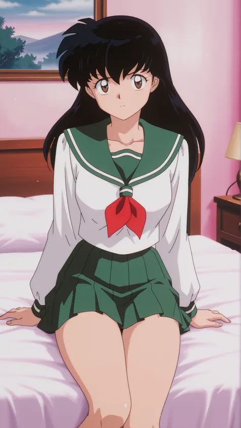 masterpiece,best quality,amazing quality, higurashikagome, masterpiece, best quality, amazing quality,, kagome higurashi, long hair, black hair, retro artstyle, brown eyes, anime screencap, skirt, shirt, long sleeves, school uniform, white shirt, pleated s...
