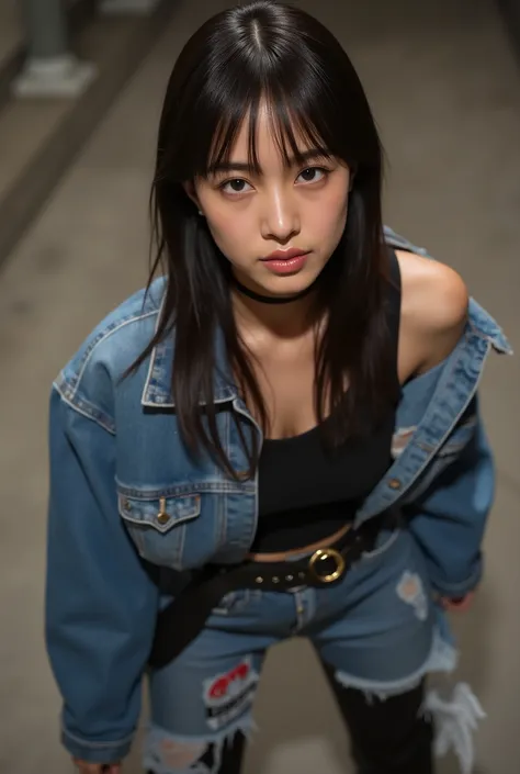 (masterpiece, top quality:1.2), womanhood, solo, standing position of the head, looking forward, Full Body, from above, 
tanned skin at night, 
interrupt job: female leader of a biker gang, 
costume: tank top, ripped denim pants, Denim Jacket, 
characters ...
