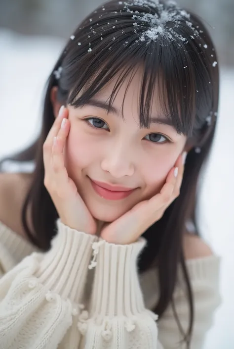 beautiful,  cute girl playing with snow ,   beautiful詳細な顔 ,  Innocent Expression ,  smile,  beautifulほっそりした脚 ,    beautiful女性の両手は少し下ろされている,   Incorporated Figure,  beautiful manicure , off-shoulder outfit, Wearing,  realistic,   high detail ,    realistic...