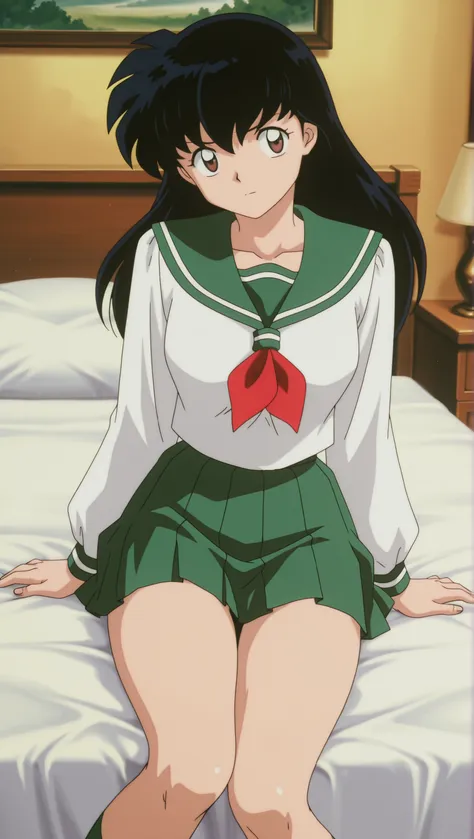 Masterpieces,is the best quality,amazing quality, shirt مدرسي أبيض من higurashikagome, Masterpieces, is the best quality, amazing quality,, Kagome Higurashi, long hair, black hair, old art style, base unit, anime screenshot, pocket, shirt , long sleeves...