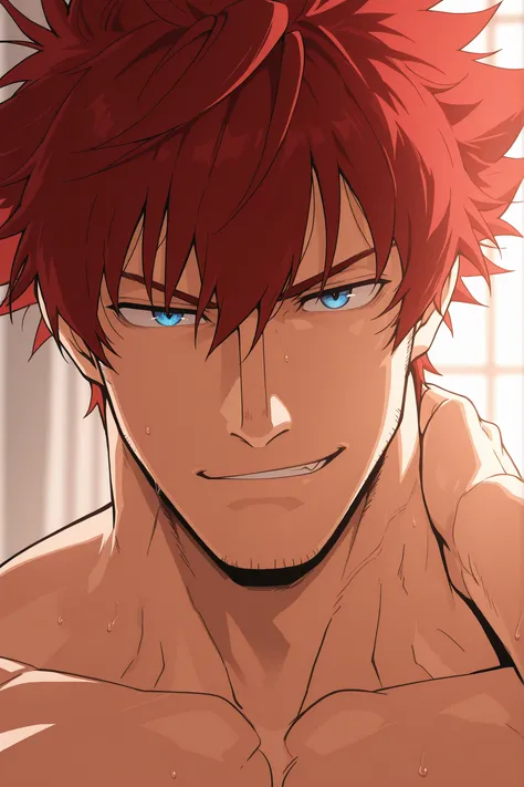 1boy, Endevor from Boku no hero, red hair, blue eyes, muscular torso, shirtless, Close-up portrait, hand in his neck, seductive smirk.
Dim bedroom, warm light + cool rim light,
Boku no hero anime style, ultra HD, cinematic tones, clean shading, light in hi...