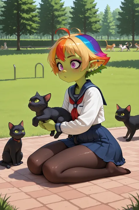 female punk, rainbow colors hair, very short hair, black eye , facial piercings, eye makeup, small breasts, meduim hips, (goblin girl:1.0) (shortstack:1.0) (green skin:1.0) (pointy ears:1.0) (wide hips:1.0)| girl_with_cats, cat, animal, holding animal,mult...