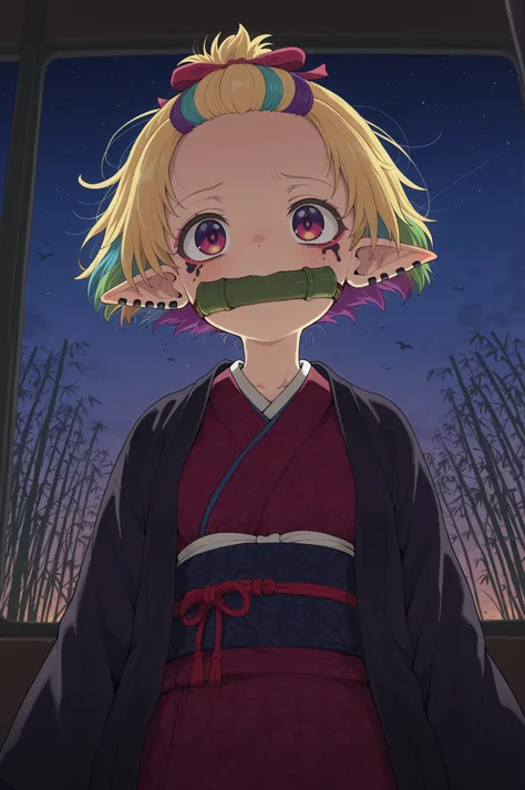 female punk, rainbow colors hair, very short hair, black eye , facial piercings, eye makeup, small breasts, meduim hips, (goblin girl:1.0) (shortstack:1.0) (green skin:1.0) (pointy ears:1.0) (wide hips:1.0)| 1girl, solo , night , dark , horror , stars , r...