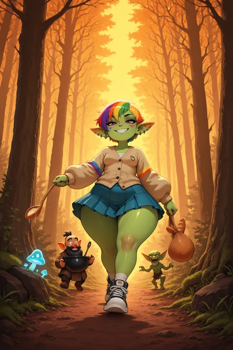 female punk, rainbow colors hair, very short hair, black eye , facial piercings, eye makeup, small breasts, meduim hips, (goblin girl:1.0) (shortstack:1.0) (green skin:1.0) (pointy ears:1.0) (wide hips:1.0)| A vibrant scene from Anpanman: Culinary Adventur...