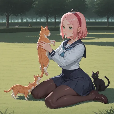Sakura Haruno. small breasts, huge hips, pink hair, medium hair, light green eyes, thin lips, very fair skin, big forehead. | girl_with_cats, cat, animal, holding animal,multiple cats, cats running, cats jump,girl surrounded by many cats, solo, 1girl, ahog...