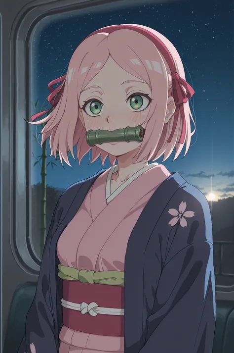 Sakura Haruno. small breasts, huge hips, pink hair, medium hair, light green eyes, thin lips, very fair skin, big forehead. | 1girl, solo , night , dark , horror , stars , ribbon , hair ribbon , upper body , outdoors , japanese clothes , kimono , sash , m...