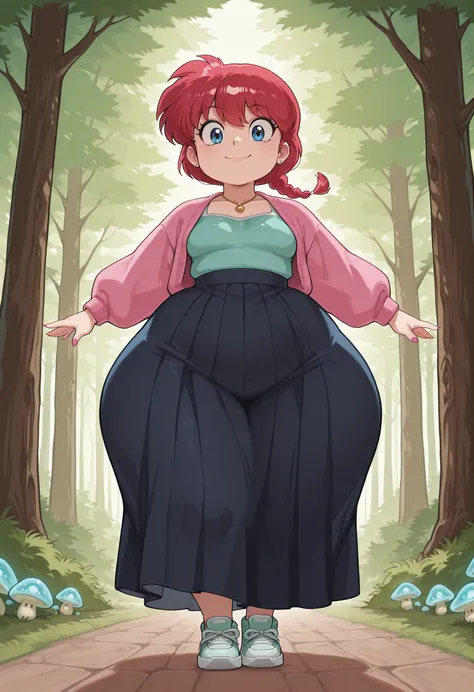 safe_pos, Ranma Saotome. red hair. pigtail. blue eyes. braid. small breasts. huge hips. necklace. black eyeliner. pink manicure. | A vibrant scene from Anpanman: Culinary Adventures — Anpanman and his friends in a whimsical dark‑fantasy forest. Anpanman so...