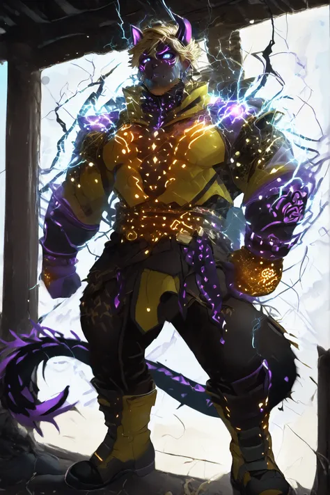 Lightning ball,,Blue eyes, glowing eyes,,Blue theme,,1boy, solo,,Ligmagmb, electricity, lightning, glowing,,Neon Henna Tattoo,The stylish character with dark gray skin and bright purple eyes、 dark, texture background.  dark skirt , bright blond hair accent...