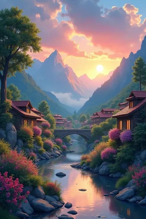 a small village by the river，Background is mountains，Flowers bloom，Brightly colored，Detailed Scenery，Beautiful Natural Scenery，Ambiance Lighting，Burning Sunsets，warm colors，utility，utility摄影，Detailed Leaves，Intricate architecture，cobblestone streets，charmi...