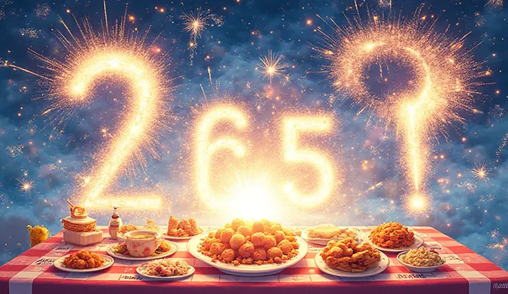 Bright, festive sky with fireworks, that explode in the form of numbers “5", “Test”, “Passed!». Food table (stylized). Inscription in Russian and there should be several, not one big.