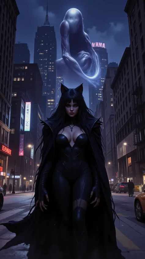 highdefinition picture、The cat monster girl that haunts Chicago at night、There is a seven-color ghost behind her